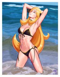 Rule 34 | 1girl, armpits, arms behind head, bare arms, bare legs, bikini, black bikini, blonde hair, blurry, blurry background, border, breasts, cleavage, closed eyes, collarbone, creatures (company), cynthia (pokemon), dated, floating hair, frankgallaxx, front-tie bikini top, front-tie top, game freak, groin, hair ornament, highres, large breasts, long hair, navel, nintendo, ocean, pokemon, pokemon bw, side-tie bikini bottom, smile, solo, standing, strap gap, stretching, swimsuit, very long hair, wading, white border