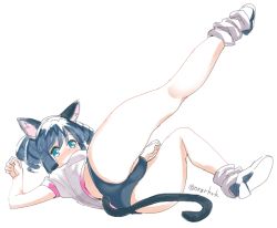 Rule 34 | 10s, 1girl, animal ears, ass, black hair, blush, breasts, buruma, cat ears, cat tail, commentary request, curly hair, cyan (show by rock!!), full body, green eyes, loose socks, lying, medium breasts, nape, on back, paw pose, pointy ears, rkrk, shadow, show by rock!!, simple background, socks, solo, tail, underwear, white hair