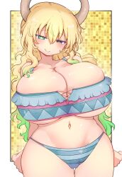 Rule 34 | 1girl, bikini, blonde hair, blue bikini, breasts, brown horns, cleavage, closed mouth, collarbone, commentary request, cool-kyou shinja, dragon girl, dragon horns, gradient hair, green eyes, green hair, hair between eyes, heterochromia, highres, horns, huge breasts, kobayashi-san chi no maidragon, long hair, looking at viewer, lucoa (maidragon), mismatched pupils, multicolored hair, navel, smile, solo, swimsuit, thighs, yellow background, yellow pupils