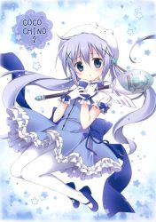 Rule 34 | 1girl, absurdres, adapted costume, animal hat, blue bow, blue bowtie, blue dress, blue eyes, blue footwear, blue hair, blush, bow, bowtie, character hat, collared shirt, dress, flat chest, frilled dress, frills, full body, gloves, gochuumon wa usagi desu ka?, hair between eyes, hair ornament, hairclip, hat, highres, holding, holding staff, jumping, kafuu chino, korie riko, light blue hair, long hair, looking at viewer, magical girl, mary janes, pantyhose, parted lips, puffy short sleeves, puffy sleeves, rabbit hat, scan, shirt, shoes, short sleeves, sidelocks, solo, spoon, staff, star (symbol), tippy (gochiusa), twintails, two-tone background, undershirt, very long hair, white gloves, white hat, white pantyhose, white shirt, wing collar, x hair ornament