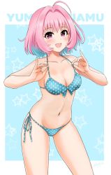 Rule 34 | 1girl, ahoge, aqua bikini, aqua hair, bare arms, bare shoulders, bikini, bikini pull, blue background, blush, bob cut, bow, bow bikini, breasts, character name, cleavage, clothes pull, collarbone, colored inner hair, dot nose, fang, flick (sal23), gradient hair, groin, hair intakes, highres, idolmaster, idolmaster cinderella girls, idolmaster cinderella girls starlight stage, linea alba, looking at viewer, multicolored hair, navel, open mouth, pink eyes, pink hair, pinky out, polka dot, polka dot bikini, raised eyebrows, side-tie bikini bottom, smile, solo, standing, star (symbol), starry background, stomach, swimsuit, thighs, twitter username, two-tone hair, white background, yumemi riamu