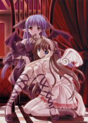 Rule 34 | 00s, 2girls, bat wings, blue eyes, boots, brown hair, checkered floor, floor, garter straps, half updo, headdress, high heels, jewelry, lisianthus, long hair, looking at viewer, multiple girls, nerine, nishimata aoi, perspective, pointy ears, purple hair, red eyes, ring, shoes, shuffle!, sitting, suzuhira hiro, thighhighs, white legwear, wings