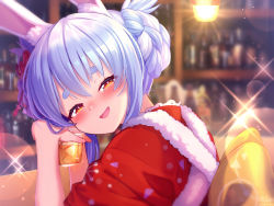 Rule 34 | 1girl, alcohol, animal ear fluff, animal ears, blue hair, blurry, blurry background, blush, bokeh, bottle, bow, braid, commentary request, counter, cup, depth of field, double bun, drink, hair bun, highres, holding, holding cup, hololive, japanese clothes, kimono, lens flare, looking at viewer, magowasabi, multicolored hair, open mouth, orange eyes, rabbit-shaped pupils, rabbit ears, rabbit girl, red kimono, short hair, sidelocks, signature, sitting, smile, solo, sparkle, symbol-shaped pupils, thick eyebrows, two-tone hair, upper body, usada pekora, usada pekora (new year), virtual youtuber, yellow bow