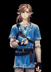 Rule 34 | 1boy, belt, bibabunie, black background, black gloves, blue eyes, blue tunic, closed mouth, earrings, fingerless gloves, flower, gloves, highres, jewelry, light brown hair, link, male focus, nintendo, petals, pointy ears, silent princess, simple background, solo, the legend of zelda, the legend of zelda: breath of the wild, tunic