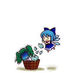 Rule 34 | 2girls, bucket, chibi, cirno, green hair, hair bobbles, hair ornament, ice, in bucket, in container, kisume, multiple girls, ribbon, short hair, simple background, socha, touhou, twintails, wings, | |