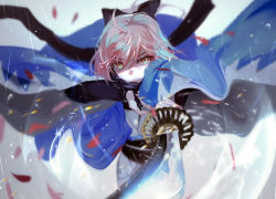Rule 34 | 1girl, ahoge, black bow, black gloves, black scarf, blue cape, bow, cape, fate/grand order, fate (series), gloves, hair bow, haori, highres, holding, holding sword, holding weapon, japanese clothes, katana, kimono, okita souji, okita souji (fate), okita souji (koha-ace), pink hair, scarf, short hair, solo, sword, vardan, weapon, white kimono, yellow eyes