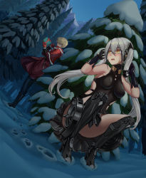 Rule 34 | 1boy, 1girl, belt, blonde hair, blush, commander (girls&#039; frontline), crying, crying with eyes open, destroyer (girls&#039; frontline), gift, girls&#039; frontline, highres, multicolored hair, pine tree, sangvis ferri, santa costume, snow, tears, tree, twintails, two-tone hair, user tpcp5583, white hair, yellow eyes