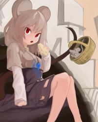 Rule 34 | 1girl, absurdres, animal ears, basket, black skirt, breasts, capelet, cheese, commentary request, eyebrows hidden by hair, food, grey capelet, grey hair, highres, holding, holding food, lenserd, long sleeves, medium hair, mouse (animal), mouse ears, mouse girl, mouse tail, nazrin, open mouth, red eyes, shirt, sitting, skirt, small breasts, solo, tail, touhou, white shirt