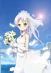 Rule 34 | 10s, 1girl, angel beats!, bad id, bad pixiv id, bare shoulders, bouquet, bow, bridal veil, bride, dress, feathers, flower, gloves, hair flower, hair ornament, jewelry, lens flare, long hair, necklace, rose, silver hair, solo, sunyukun, tenshi (angel beats!), veil, wedding dress, white flower, white rose, yellow eyes