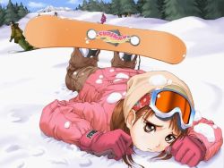 Rule 34 | 1girl, boots, brown eyes, brown hair, coat, day, english text, engrish text, frown, game cg, gloves, goggles, hat, kanzaki lina, lying, non-web source, on stomach, outdoors, ranguage, room with lina, sad, sad girl in snow, sky, snow, snowboard, solo, tony taka, tree