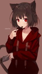 Rule 34 | 1girl, animal ears, brown hair, candy, cat ears, cat tail, chocolate, chocolate bar, food, food in mouth, highres, hood, hood down, hoodie, looking at viewer, nagishiro mito, original, red eyes, short hair, solo, tail, upper body, valentine