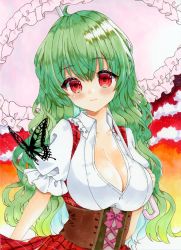 Rule 34 | 1girl, ahoge, blush, breasts, bug, butterfly, cleavage, closed mouth, collared shirt, dress, frilled sleeves, frills, green hair, insect, kazami yuuka, large breasts, long hair, looking at viewer, marker (medium), plaid, plaid dress, puffy short sleeves, puffy sleeves, red dress, red eyes, shirt, short sleeves, smile, touhou, traditional media, very long hair, wavy hair, white shirt, zenra1112