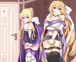 Rule 34 | 2girls, armor, bad id, bad pixiv id, bangle, bare shoulders, bell, black legwear, blonde hair, blush, bracelet, braid, breasts, cape, cleavage, cleavage cutout, clothing cutout, detached collar, door, drill hair, embarrassed, female focus, flower, flower knight girl, french braid, green eyes, hair bun, hair flower, hair ornament, half-closed eyes, hand up, have to pee, indoors, jasmine (flower knight girl), jewelry, jingle bell, large breasts, long hair, long sleeves, looking to the side, monoton (neoteto), multiple girls, navel, own hands together, pauldrons, pleated skirt, purple cape, purple eyes, purple flower, purple legwear, purple skirt, ribbon-trimmed legwear, ribbon trim, saintpaulia (flower knight girl), shirt, shoulder armor, single braid, single hair bun, skindentation, skirt, skirt tug, standing, sweat, teeth, thigh strap, thighhighs, twin drills, v arms, very long hair, white flower