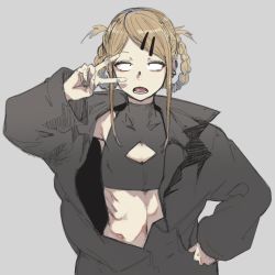 Rule 34 | 1girl, black eyes, braid, cleavage cutout, clothing cutout, creator connection, dagashi kashi, endou saya, ettone, grey background, hair ornament, hairclip, hand on own hip, highres, looking at viewer, open mouth, simple background, sleeves past wrists, solo, teeth, tongue, trait connection, twin braids, v, v over eye, vampire