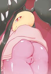 Rule 34 | 1girl, anus, artist name, ass, ass focus, back, black hair, blush, cleft of venus, closed mouth, colored skin, creatures (company), female focus, game freak, gen 3 pokemon, highres, mawaifu, mawile, mega mawile, mega pokemon, naughty face, nintendo, pokemon, pokemon (creature), pussy, red eyes, towel, uncensored, yellow skin
