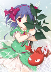 Rule 34 | 1girl, bad id, bad pixiv id, bow, bracelet, creature, dress, elfin mint, fugie, green shirt, hair bow, hairband, highres, jewelry, leaf, mint, one eye closed, original, pink bow, pointy ears, print shirt, purple hair, red eyes, shirt, short hair, solo, the last comer, touhou, wings, wink