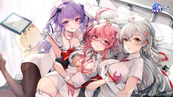 Rule 34 | &gt; &lt;, 3girls, :q, ajax (azur lane), alternate costume, azur lane, bed, black legwear, braid, breasts, center opening, chromatic aberration, commentary, commentary request, cross hair ornament, dress, english commentary, from above, gloves, grey hair, hair ornament, half gloves, hat, hermione (azur lane), hermione (pure white angel) (azur lane), highres, hospital bed, hutuu (1121), id card, indoors, infirmary, large breasts, looking at viewer, low tied hair, manjuu (azur lane), medium breasts, mixed-language commentary, multiple girls, nurse, nurse cap, official alternate costume, pantyhose, perseus (azur lane), perseus (unfamiliar duties) (azur lane), pink-framed eyewear, pink gloves, pink hair, purple eyes, purple hair, red ribbon, ribbon, semi-rimless eyewear, short sleeves, small breasts, stethoscope, taut clothes, taut dress, thighhighs, tongue, tongue out, twin braids, twintails, white dress, white gloves, white headwear, white legwear, zettai ryouiki