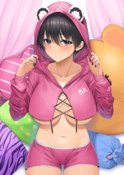 Rule 34 | 1girl, absurdres, animal ears, animal hood, black hair, blue archive, breasts, cleavage, cleavage cutout, clothing cutout, crop top, cross-laced clothes, highres, hood, hood up, hoodie, large breasts, looking at viewer, lordol, nail polish, navel, pillow, pink hoodie, pink shorts, short hair, short shorts, shorts, sitting, skindentation, solo, thick thighs, thigh gap, thighs, tsubaki (blue archive), underboob