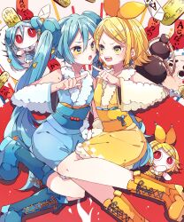 Rule 34 | 2girls, :o, a ja nai ka (vocaloid), aimaina, aqua hair, blonde hair, blue footwear, boots, bow hairband, detached sleeves, earrings, foot out of frame, full body, furrowed brow, hair ornament, hairband, hairclip, hatsune miku, highres, japanese clothes, jewelry, kagamine rin, kaho 0102, long hair, looking at another, multiple girls, open mouth, pointing, pointing at another, text in eyes, twintails, v-shaped eyebrows, very long hair, vocaloid, yellow eyes, yellow footwear