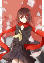 Rule 34 | 1girl, absurdres, ayano no koufuku riron (vocaloid), black serafuku, black skirt, border, brown hair, clenched hand, closed eyes, enpera, graphic equalizer, hair between eyes, hair ornament, hairpin, hand on own chest, highres, kagerou project, light smile, long sleeves, mekakucity actors, monitor, neckerchief, origami, outside border, paper, paper crane, pleated skirt, red background, red scarf, scarf, school uniform, serafuku, skirt, solo, tateyama ayano, television, vocaloid, white border, yanki (mxxk2247)