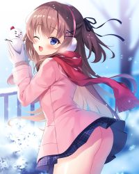 Rule 34 | 1girl, blue eyes, blush, bow, brown hair, coat, earmuffs, gloves, hair bow, hair ornament, holding, long hair, looking at viewer, miniskirt, nanohana kohina, no panties, one eye closed, open mouth, original, outdoors, pink coat, scarf, skirt, smile, snow, snowman, winter clothes