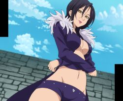 Rule 34 | 1girl, anime screenshot, black hair, breasts, highres, medium hair, merlin (nanatsu no taizai), nanatsu no taizai, outdoors, revealing clothes, stitched, stone wall, third-party edit, yellow eyes