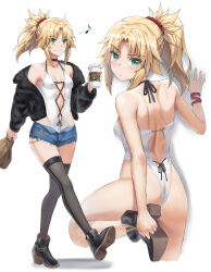 Rule 34 | 1girl, ass, back, bare shoulders, black jacket, blonde hair, blue shorts, boots, braid, breasts, fate/apocrypha, fate (series), french braid, green eyes, hair ornament, hair scrunchie, highleg, highleg swimsuit, highres, jacket, long hair, long sleeves, looking at viewer, looking back, mordred (fate), mordred (fate/apocrypha), multiple views, one-piece swimsuit, open clothes, open jacket, parted bangs, ponytail, scrunchie, shorts, sidelocks, small breasts, swimsuit, tonee, variant set, white one-piece swimsuit