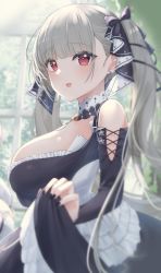 Rule 34 | 1girl, :d, absurdres, azur lane, bare shoulders, black bow, black dress, black nails, blush, bow, breasts, cowboy shot, day, detached collar, detached sleeves, dress, earrings, formidable (azur lane), frilled dress, frills, from side, grey hair, hair bow, highres, indoors, jewelry, large breasts, long hair, long sleeves, looking at viewer, looking to the side, maid, nail polish, open mouth, red eyes, sideboob, smile, solo, twintails, very long hair, window, yamamura umi