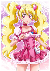 Rule 34 | 1girl, :d, bare arms, blonde hair, bow, choker, collarbone, corset, cowboy shot, cure peach, earrings, fresh precure!, hair ornament, hanzou, heart, heart earrings, heart hair ornament, highres, jewelry, long hair, looking at viewer, magical girl, momozono love, open mouth, pink bow, pink eyes, pink neckwear, pink skirt, precure, puffy sleeves, purple background, skirt, smile, solo, sparkle, standing, twintails, wrist cuffs