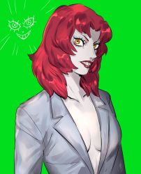 Rule 34 | 1girl, anagosamaeru, breasts, collarbone, devilman, devilman crybaby, green background, jacket, lips, lipstick, looking at viewer, makeup, medium hair, no bra, parted lips, psycho jenny, red hair, red lips, simple background, solo, teeth, upper body, yellow eyes