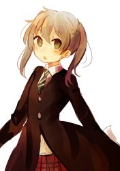 Rule 34 | 00s, 1girl, blonde hair, blush, colorized, crablettes, green eyes, jacket, maka albarn, necktie, simple background, skirt, solo, soul eater, twintails