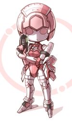 Rule 34 | android, blush, crab man, elenor camuel, full body, gun, handgun, joints, looking at viewer, no humans, phantasy star, phantasy star online, pink eyes, pink theme, pistol, racaseal, robot, robot joints, simple background, solo, standing, weapon, white background
