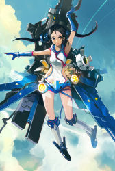 Rule 34 | 1girl, alchemaniac, bad id, bad pixiv id, black eyes, black hair, cloud, day, gloves, highres, long hair, mecha, open mouth, original, robot, sky, solo, twintails