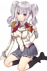Rule 34 | 10s, 1girl, bad id, bad pixiv id, black socks, blue eyes, blush, breasts, buttons, commentary request, covered erect nipples, epaulettes, frilled sleeves, frills, gloves, kantai collection, kashima (kancolle), kerchief, kneehighs, kuroki (ma-na-tu), looking at viewer, military, military uniform, miniskirt, pleated skirt, red ribbon, ribbon, sidelocks, silver hair, sitting, skirt, smile, socks, solo, tsurime, twintails, twintails day, uniform, wavy hair, white gloves, yokozuwari