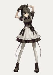 Rule 34 | 1girl, absurdres, apron, arms up, belt, black dress, black footwear, black gloves, black hair, blue eyes, boots, breasts, collared dress, dress, full body, gloves, grey background, highres, looking at viewer, maid apron, open mouth, original, pantyhose, pouch, puffy short sleeves, puffy sleeves, short hair, short sleeves, simple background, small breasts, smile, solo, standing, stretching, white pantyhose, yoon cook