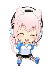 Rule 34 | 1girl, animal ears, bare shoulders, blush, breasts, bridal gauntlets, cat ears, cat girl, cat tail, chibi, closed eyes, elbow gloves, female focus, ganari ryuu, gloves, headphones, headset, large breasts, long hair, looking at viewer, open mouth, original, pink hair, simple background, smile, solo, super tama musume, tail, tamatoys, thighhighs