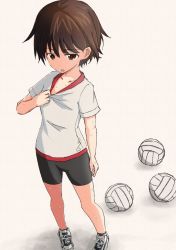 Rule 34 | 1girl, absurdres, ball, bike shorts, black shorts, brown eyes, brown hair, collar tug, commentary, frown, girls und panzer, gym shirt, gym uniform, highres, isobe noriko, looking at viewer, munisuke (zrkt7883), no socks, open mouth, shadow, shirt, shoes, short hair, short shorts, short sleeves, shorts, sneakers, solo, standing, sweat, t-shirt, traditional media, volleyball (object), white background, white footwear, white shirt
