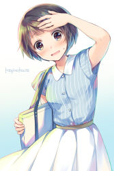 Rule 34 | 1girl, :d, arm up, artist name, bag, blue background, blue shirt, blush, brown eyes, brown hair, collared shirt, dress shirt, fingernails, gradient background, hagino kouta, hand on own forehead, head tilt, highres, looking at viewer, open mouth, original, pleated skirt, shirt, short hair, short shorts, shorts, skirt, smile, solo, striped clothes, striped shirt, sweat, vertical-striped clothes, vertical-striped shirt, white background, white skirt
