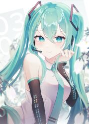 Rule 34 | 1girl, aftergardens, aqua eyes, aqua hair, aqua necktie, bare shoulders, black skirt, black sleeves, blurry, blurry background, blurry foreground, blush, breasts, commentary, dated, detached sleeves, floral background, flower, hair ornament, hatsune miku, headphones, headset, highres, holding, holding own hair, long hair, looking at viewer, medium breasts, microphone, miku day, necktie, shirt, signature, skirt, sleeveless, sleeveless shirt, solo, twintails, upper body, vocaloid, white flower