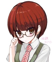 1girl adjusting_eyewear bespectacled blunt_bangs blush bob_cut breasts brown-framed_eyewear character_name close-up closed_mouth collared_shirt commentary danganronpa_(series) danganronpa_2:_goodbye_despair dot_mouth dress dress_shirt freckles gingham_necktie glasses green_dress green_eyes hand_up ichijiku_ni-sei_(garnimmq2) index_finger_raised koizumi_mahiru looking_at_viewer looking_to_the_side medium_breasts necktie one_eye_closed pinafore_dress portrait raised_eyebrow rectangular_eyewear red_hair red_necktie semi-rimless_eyewear shirt short_hair simple_background sleeveless sleeveless_dress solo translated two-tone_necktie under-rim_eyewear white_background white_necktie white_shirt