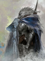 Rule 34 | 1boy, 1girl, animal ears, armor, blaidd the half-wolf, blue cape, blue coat, blue eyes, blue hair, blue headwear, cape, cloak, coat, doll, elden ring, extra arms, fur cloak, fur trim, hat, highres, junjiuk, long hair, looking to the side, ranni the witch, witch hat, wolf boy, wolf ears