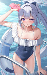 Rule 34 | 1girl, :o, absurdres, blue archive, blue halo, blue one-piece swimsuit, breasts, cellphone, cleavage, commentary request, halo, highres, holding, holding phone, kyonta, lifebuoy, long hair, looking at viewer, miyako (blue archive), miyako (swimsuit) (blue archive), official alternate costume, one-piece swimsuit, phone, ponytail, pool, purple eyes, small breasts, solo, swim ring, swimsuit, water, white hair