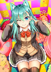 Rule 34 | 1girl, akizuki akina, animal ears, aqua hair, arms up, ascot, badge, black jacket, blue eyes, blush, bow, breasts, brown thighhighs, cardigan, cat ears, closed mouth, collared shirt, eyes visible through hair, green hair, hair ornament, hairclip, hand in own hair, highres, holding, holding hair, jacket, kantai collection, large breasts, layered skirt, long hair, looking at viewer, one eye closed, open cardigan, open clothes, open jacket, pleated skirt, red bow, remodel (kantai collection), school uniform, shirt, sidelocks, sitting, skirt, smile, solo, stuffed animal, stuffed toy, suzuya (kancolle), thighhighs, thighs, vest, white shirt, zettai ryouiki