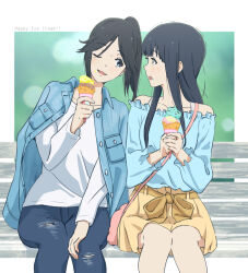 Rule 34 | 2girls, black hair, blue jacket, blue pants, blue shirt, blush, commentary, day, denim, food, hibike! euphonium, highres, holding, holding food, holding ice cream, ice cream, ice cream cone, imocool, jacket, jacket on shoulders, jeans, kasaki nozomi, liz to aoi tori, long hair, looking at another, multiple girls, off-shoulder shirt, off shoulder, on bench, one eye closed, open mouth, outdoors, pants, parted lips, ponytail, shirt, sitting, skirt, smile, torn clothes, torn jeans, torn pants, white shirt, yellow skirt, yoroizuka mizore