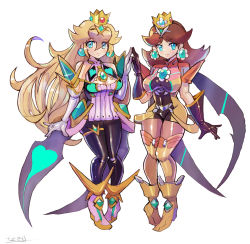Rule 34 | 2girls, adapted costume, alternate costume, breasts, chest jewel, crown, highres, large breasts, mario (series), multiple girls, mythra (massive melee) (xenoblade), mythra (xenoblade), nintendo, oomasa teikoku, pantyhose, princess daisy, princess peach, pyra (xenoblade), simple background, skin tight, super mario bros. 1, super mario land, thighhighs, white background, xenoblade chronicles (series), xenoblade chronicles 2