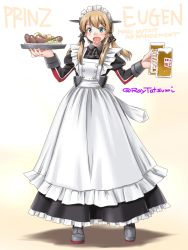 Rule 34 | 1girl, adapted costume, alcohol, alternate costume, anchor hair ornament, apron, aqua eyes, beer, beer mug, black dress, blonde hair, character name, cross, cup, dress, enmaided, food, frilled apron, frills, full body, hair ornament, iron cross, kantai collection, loafers, low twintails, maid, mug, open mouth, plate, prinz eugen (kancolle), sausage, shoes, silver shoes, smile, solo, standing, tatsumi ray, twintails, twitter username, waitress, white apron