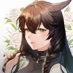 Rule 34 | 1girl, animal ears, warrior of light (ff14), bad id, bad pixiv id, black shirt, braid, brown hair, brown nails, cat ears, choker, closed mouth, commentary, covered collarbone, dated commentary, earrings, facial mark, final fantasy, final fantasy xiv, flower, green eyes, hand up, jewelry, let o0, lips, long hair, looking at viewer, miqo&#039;te, rose, shirt, sleeveless, sleeveless shirt, solo, twin braids, upper body, whisker markings, white flower, white rose