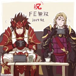 Rule 34 | 2017, 2boys, armor, artist name, bad id, bad pixiv id, blonde hair, brown eyes, brown hair, copyright name, couch, cup, fire emblem, fire emblem fates, gemuesesuppe24, gloves, japanese armor, long hair, male focus, mask, multiple boys, nintendo, nintendo switch, ryoma (fire emblem), sitting, teacup, teeth, tiara, xander (fire emblem)