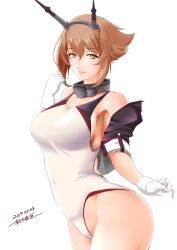 Rule 34 | 1girl, 2019, adapted costume, artist name, black capelet, breasts, brown hair, capelet, collar, collarbone, competition swimsuit, covered navel, dated, flipped hair, gloves, green eyes, headgear, highres, kantai collection, kiriki haruomi, large breasts, lips, looking at viewer, metal collar, mutsu (kancolle), mutsu kai ni (kancolle), one-piece swimsuit, parted lips, short hair, sideboob, simple background, smile, solo, swimsuit, upper body, white background, white gloves, white one-piece swimsuit