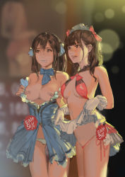 Rule 34 | 2girls, bad id, bad pixiv id, bandaid, bandaids on nipples, bikini, blue dress, blue lips, blurry, breasts, breasts apart, brown hair, cleavage, clothes lift, clothes pull, depth of field, dress, dress pull, female focus, gloves, hair ribbon, halterneck, hjl, large breasts, lifting own clothes, lipstick, long hair, makeup, medium breasts, multiple girls, navel, no bra, open clothes, open dress, open mouth, original, panties, pantyshot, pasties, percentage, pink lips, prostitution, pulling own clothes, ribbon, sale, short dress, side-tie bikini bottom, side-tie panties, sketch, skirt, skirt lift, smile, standing, swimsuit, thigh gap, twintails, underwear, undressing, white gloves